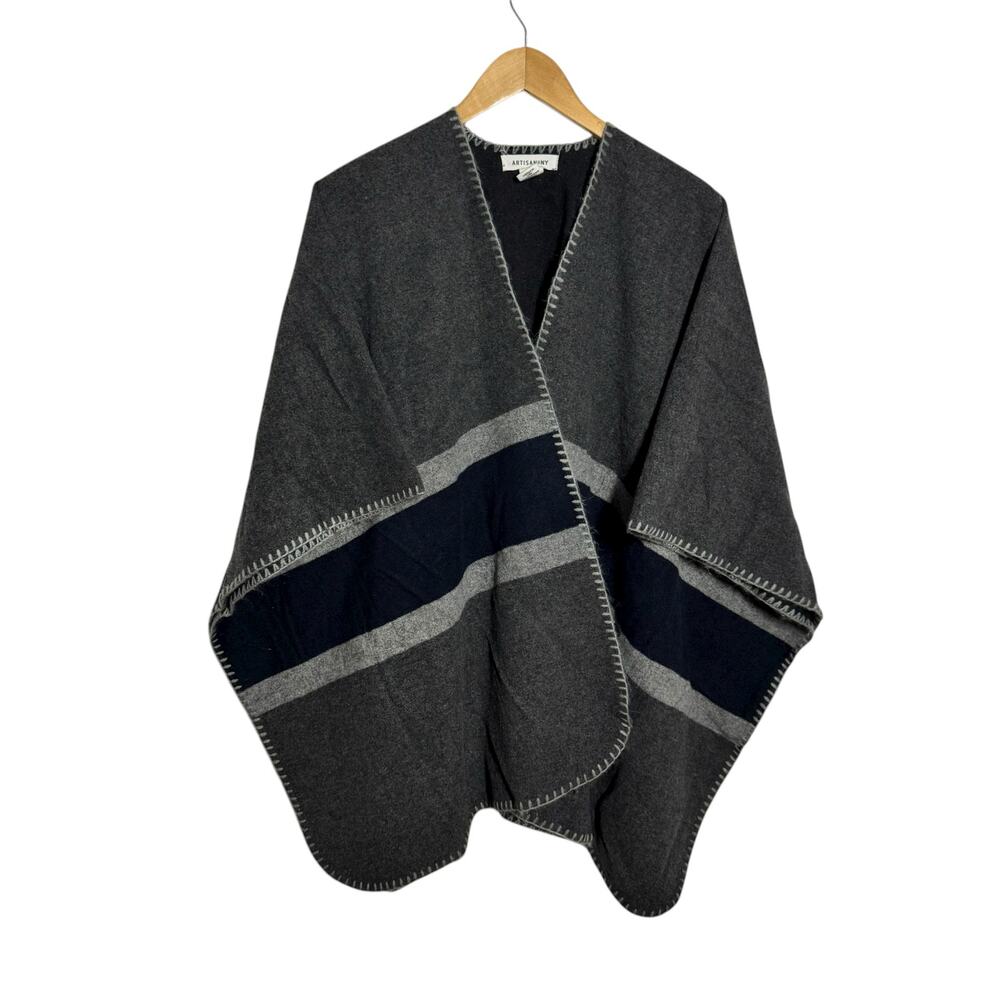 Artisan NY Poncho Women S Gray Blue Stripe Wool Blend Lagenlook Minimal Modest